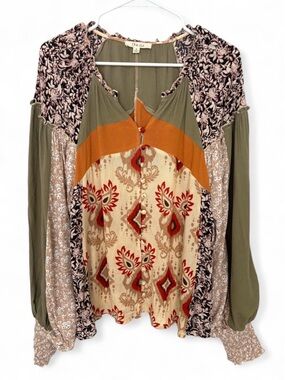 Oli & Hali Boho Patchwork Button Front Blouse Small Balloon Sleeve Relaxed Fit